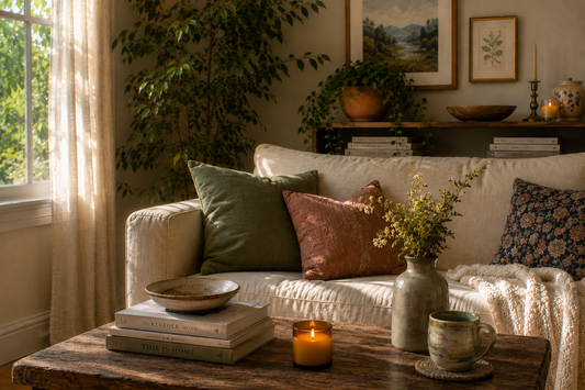 Warm, lived-in living room with layered textiles, colorful pillows, plants, artwork, books, and a lit candle creating a welcoming atmosphere.