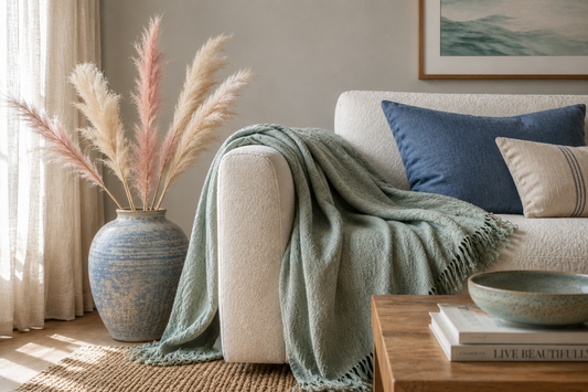 Sunlit living room with a sage green throw blanket, textured cream sofa, wood coffee table, woven rug, and pink and cream pampas grass creating a layered atmosphere at home.