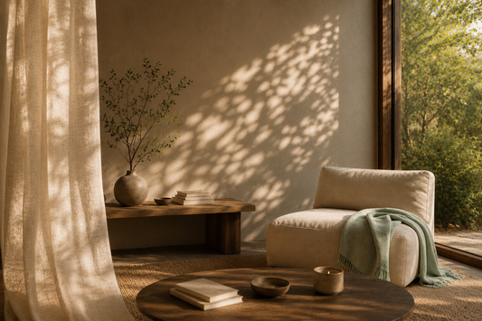 Sunlit living room with soft natural light, a mint green throw blanket, warm wood furniture, and a quiet atmosphere designed for stillness and calm at home.