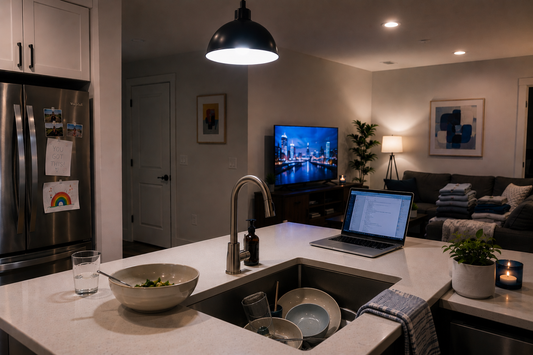 Modern open-plan kitchen and living room at night with overhead lighting, a television on in the background, open laptop, laundry on the couch, and dishes in the sink creating a lived-in overstimulated environment.