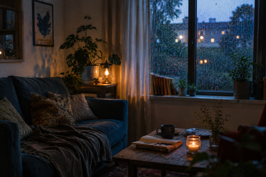 Lived-in living room at dusk with rain on the windows, warm lamp light, books, candles, and soft blue seating creating a calm and comforting evening atmosphere.