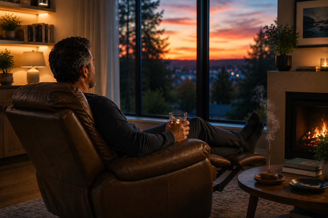 Father relaxing in a recliner at the end of the day with warm lighting and a peaceful living room atmosphere that encourages rest, presence, and relaxation.