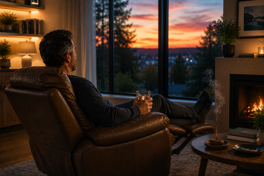 Father relaxing in a recliner at the end of the day with warm lighting and a peaceful living room atmosphere that encourages rest, presence, and relaxation.