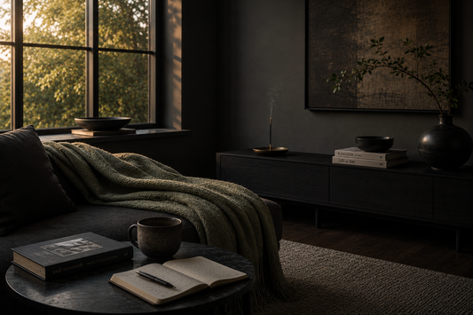 Thoughtfully designed living room with warm evening light, a green throw blanket, open journal, coffee mug, and subtle incense smoke creating a calm atmosphere at home.