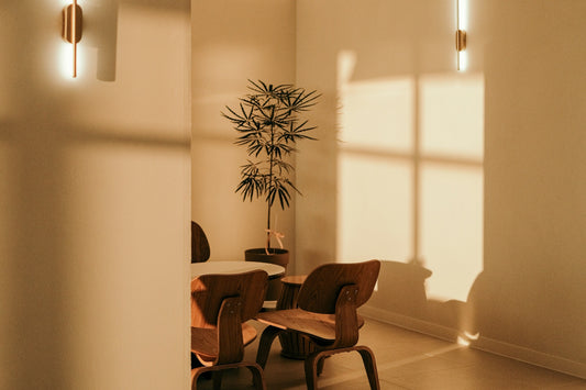 Minimal warm interior with natural light, open space, wood furniture, and calm atmosphere in a modern living space
