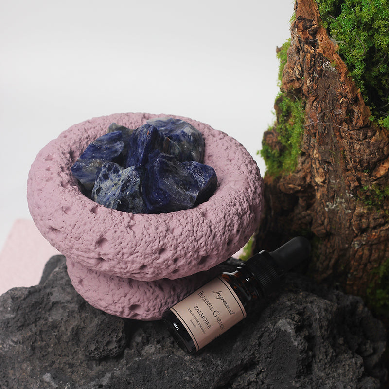 purple stone diffuser with blue crystals and fragrance oil minimalist calming home decor