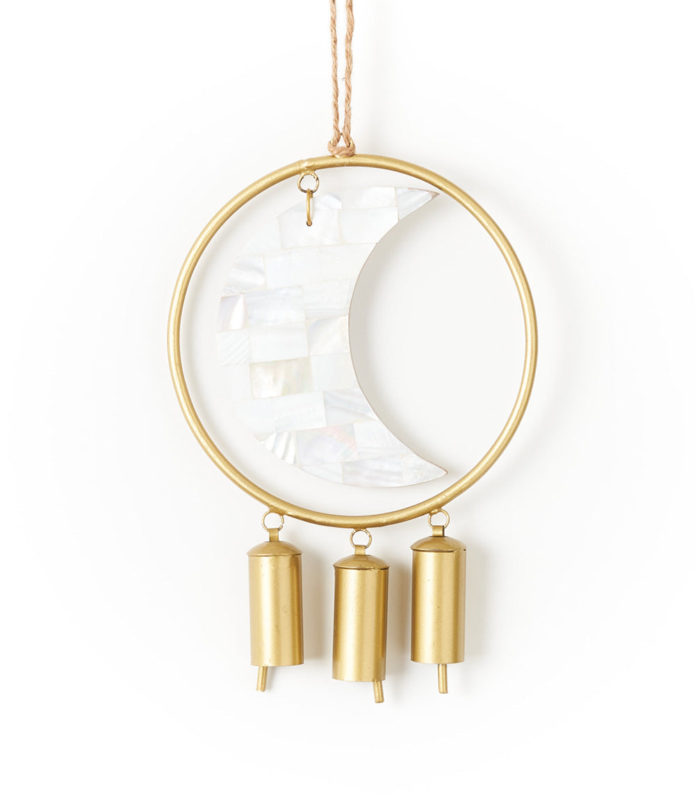 crescent moon wind chime with mother of pearl detail and brass bells minimalist home decor